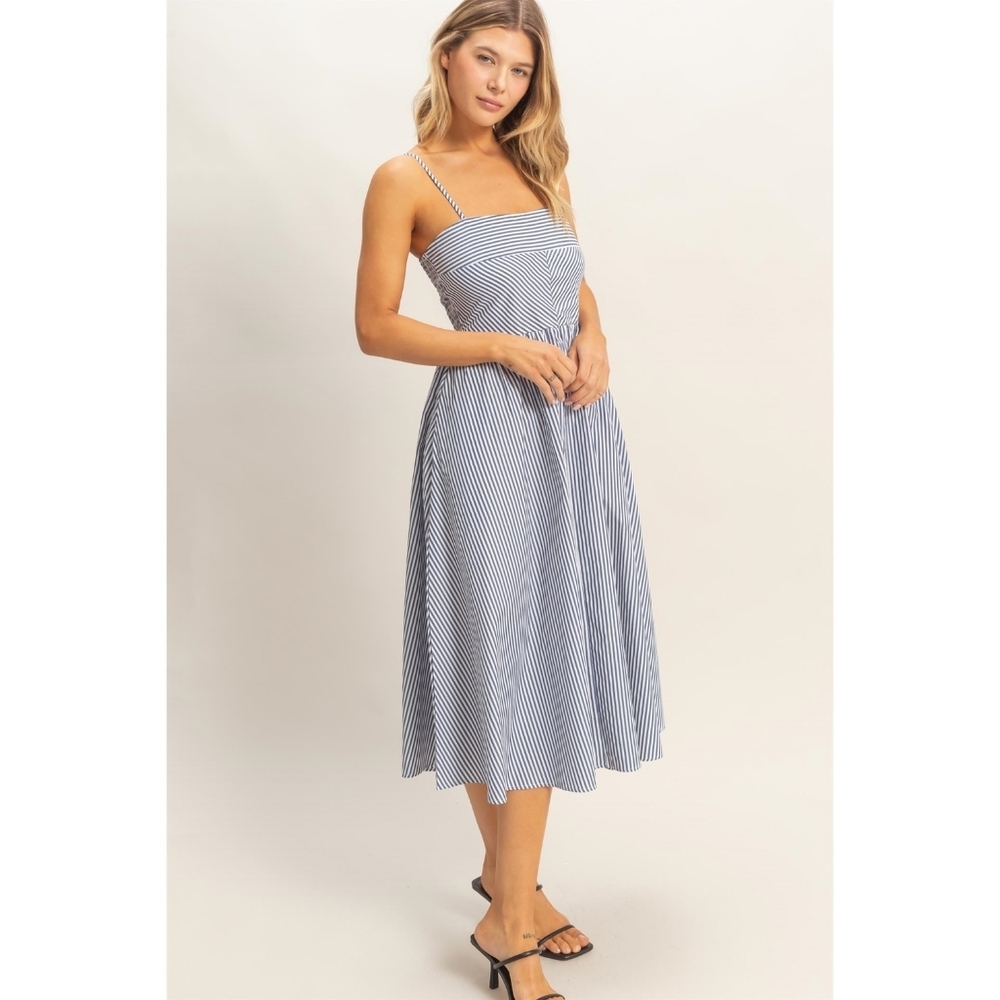 HYFVE Blue White Striped Cotton Midi Dress | Nautical Coastal | S/M/L
